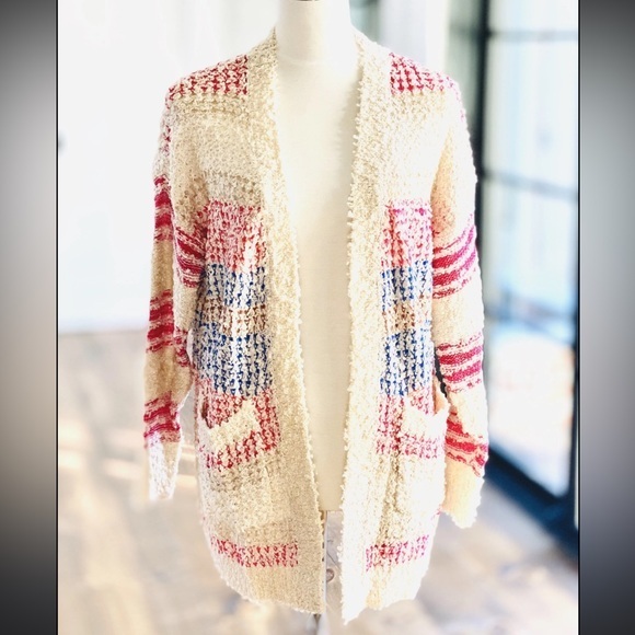 ADORA Sweaters - ADORA Cream and Pink Open-Front Cardigan